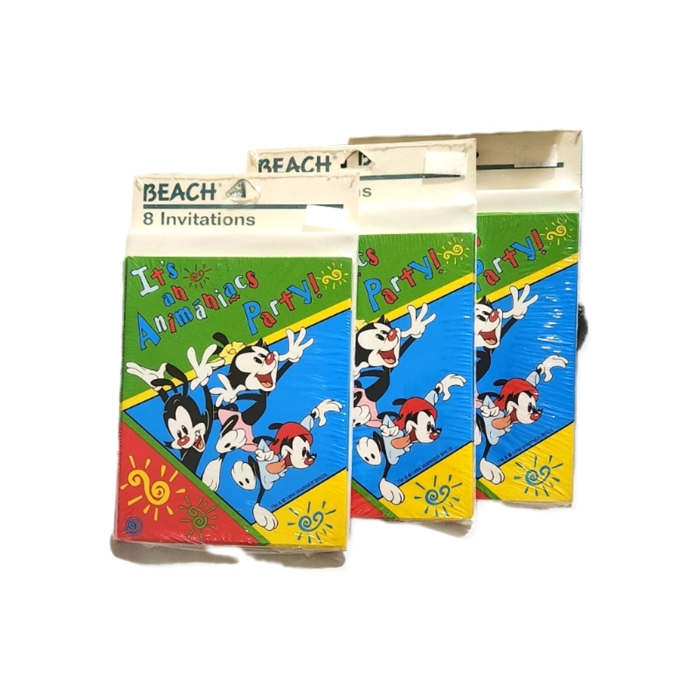 Set of 3 Vintage W.Bros Animaniacs 8 Count Party Invitations 1994 Beach Products